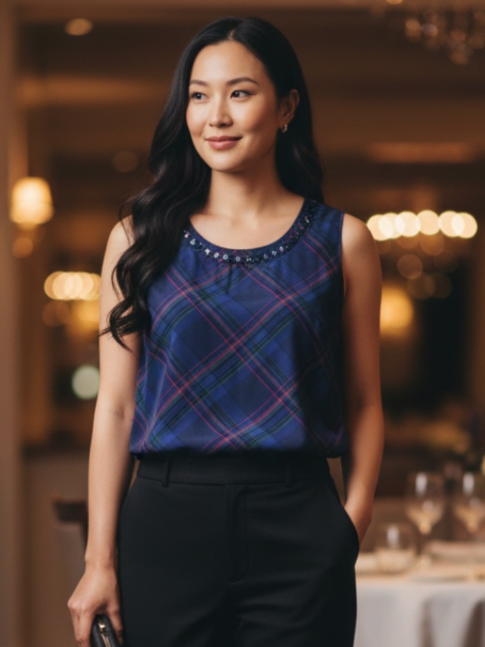 Talbots Shirt Tank Top Shell Sz 2X 18 20 Tartan Plaid Blue Pink Holiday Chic!
